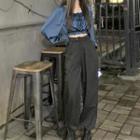 Puff-sleeve Square-neck Cropped Top Blue - One Size