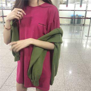Short-sleeve Lettering Long T-shirt Rose Pink - One Size