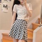 Plaid Pleated Skirt / Short-sleeve Button-up Top