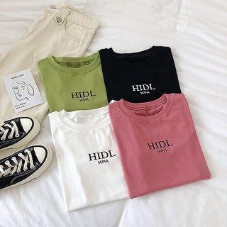 Lettering Printed Crewneck Slim-fit Short-sleeve Top