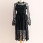 Set : Long-sleeve Lace Dress + Strap Dress