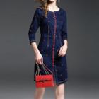 3/4-sleeve Patterned Denim Sheath Mini Dress
