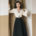 Set: Button-up Knit Top + Midi A-line Skirt