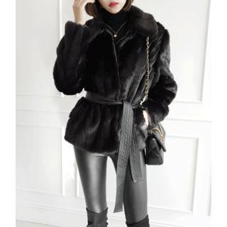 Loose-fit Faux-fur Jacket With Sash Black - One Size