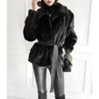 Loose-fit Faux-fur Jacket With Sash Black - One Size