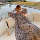 3/4-sleeve Print Loose-fit Dress Black - One Size