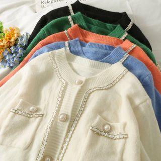 Glitter-trim Crew-neck Cardigan In 5 Colors