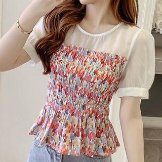 Puff-sleeve Chiffon Printed Peplum Top