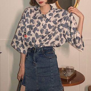 Elbow-sleeve Heart Print Hawaiian Shirt