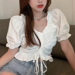 Puff-sleeve Ruffled Drawstring Blouse White - One Size