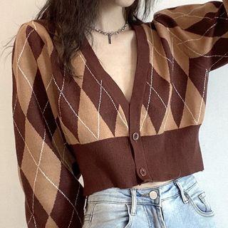 Argyle Long Sleeve V Neck Knit Cardigan