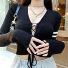 Long-sleeve Lace-up Knit Top Black - One Size