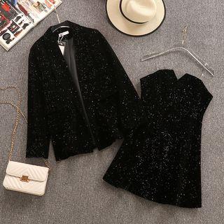 Set: Glitter Open Front Blazer + Spaghetti Strap Mini A-line Dress