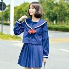 Set: Sailor Collar Long-sleeve Shirt + Pleated Skirt