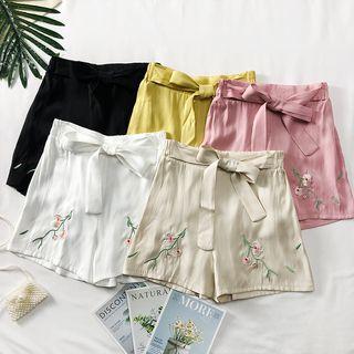 Embroidered Satin Shorts With Sash