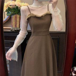 Bell-sleeve Mesh Top / Midi A-line Overall Dress