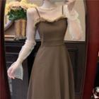 Bell-sleeve Mesh Top / Midi A-line Overall Dress
