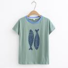 Short-sleeve Fish Print T-shirt Green - One Size