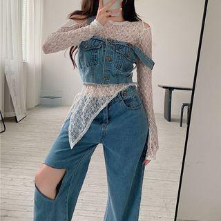 Sleeveless Denim Top / Cutout Shoulder Lace Top / Straight-cut Jeans