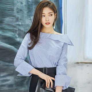 Pinstripe Off-shoulder Bell-sleeve Blouse