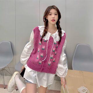 Flower Print Single-breasted Sweater Vest / Balloon-sleeve Blouse