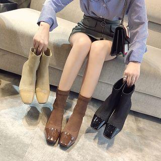 Knit Paneled Block Heel Short Boots