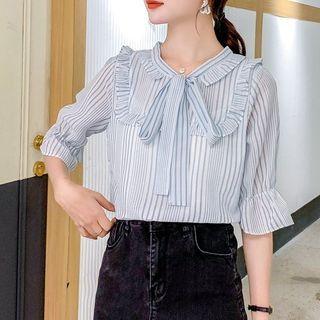 Bow-neck Ruffle Trim Striped Blouse