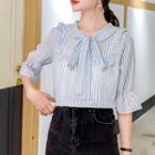 Bow-neck Ruffle Trim Striped Blouse