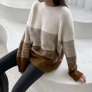 Crew-neck Color-block Sweater Beige - One Size