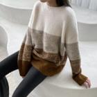 Crew-neck Color-block Sweater Beige - One Size