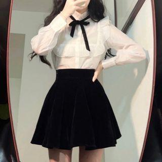 Bow Detail Ruffle Shirt / Mini A-line Skirt