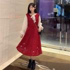 Long-sleeve Mesh Panel Midi A-line Tweed Dress Long - Red - One Size