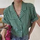 Elbow-sleeve Plaid Cropped Shirt Plaid - Green - One Size