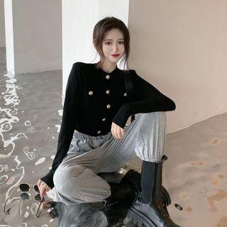 Long-sleeve Buttoned Top / Fitted Mini Skirt Black - One Size