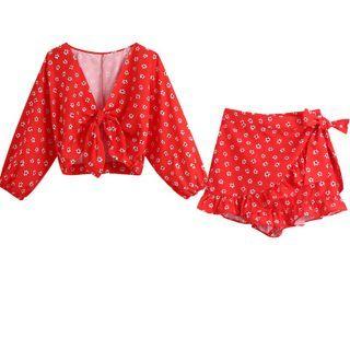 Balloon-sleeve Floral Print Top / Mini A-line Skirt