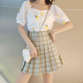 Set: Embroidered Short-sleeve Top + Plaid Pleated Skirt