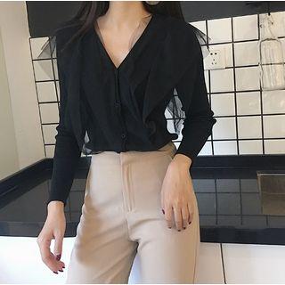 Mesh Panel V-neck Cardigan