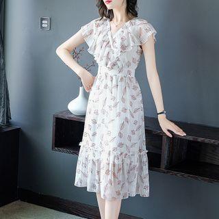 Cap-sleeve Printed Midi A-line Chiffon Dress
