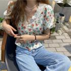 Short-sleeve V-neck Lace Floral Print Top