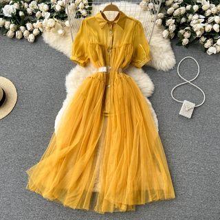 Puff Short-sleeve Lapel Sheer Mesh Dress