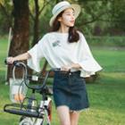 3/4-sleeve Ruffled Embroidered Top
