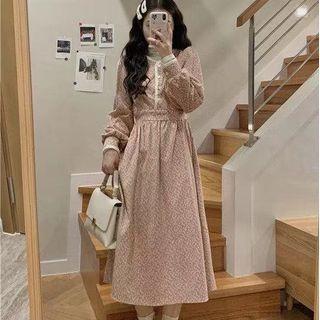 Long-sleeve Floral Print Midi A-line Corduroy Dress Pink & White - One Size