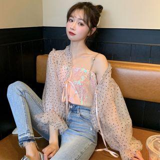 Puff-sleeve Jacket / Spaghetti Strap Sequined Top