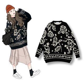 Rose Print Sweater Black - One Size