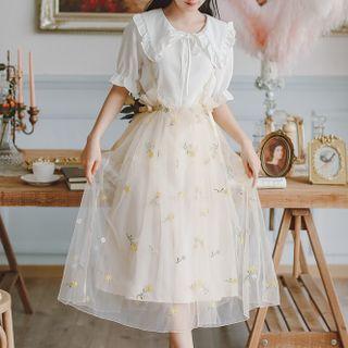Short-sleeve Blouse / Embroidered Midi A-line Mesh Skirt