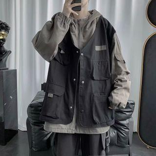 Mock Two-piece Hooded Zip-up Cargo Jacket