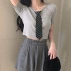 Tie-neck Short-sleeve Top / Pleated Skirt