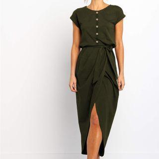 Buttoned Cap-sleeve Midi Sheath Dress