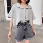 Collared Short-sleeve Button Cropped T-shirt