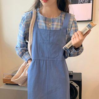 Set : Plaid Long-sleeve Top + Midi Overalls Dress